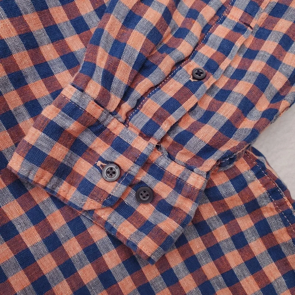 Banana Republic Shirt Mens Large Blue Peach‎ Camden Linen Gingham Plaid Preppy